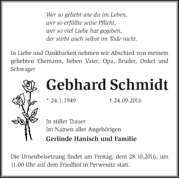 Traueranzeige von Gebhard Schmidt von Märkische Oderzeitung