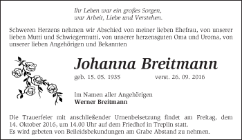 Traueranzeige von Johanna Breitmann von Märkische Oderzeitung