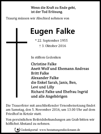 Traueranzeige von Eugen Falke von Märkische Oderzeitung