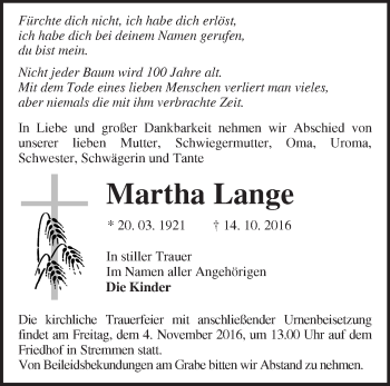 Traueranzeige von Martha Lange von Märkische Oderzeitung