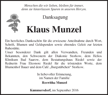 Traueranzeige von Klaus Munzel von Märkische Oderzeitung