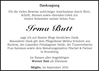 Traueranzeige von Irma Butt von Märkische Oderzeitung