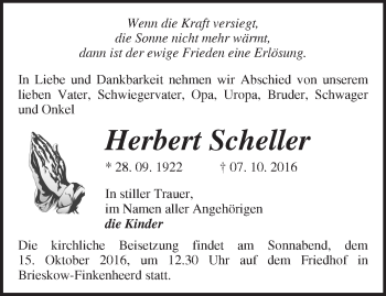 Traueranzeige von Herbert Scheller von Märkische Oderzeitung