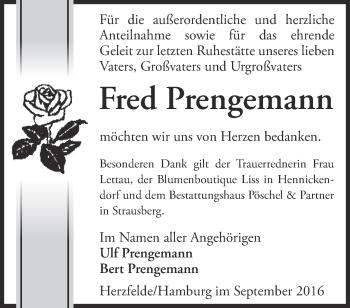 Traueranzeige von Fred Prengemann von Märkische Oderzeitung