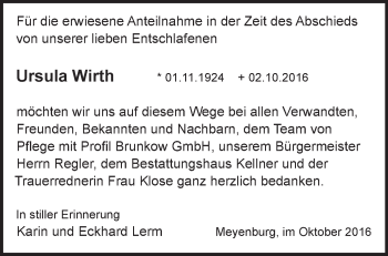 Traueranzeige von Ursula Wirth von Märkische Oderzeitung