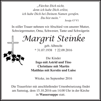 Traueranzeige von Margrit Steinke von Märkische Oderzeitung