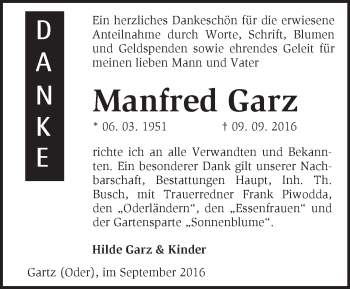 Traueranzeige von Manfred Garz von Märkische Oderzeitung