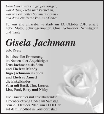 Traueranzeige von Gisela Jachmann von Märkische Oderzeitung