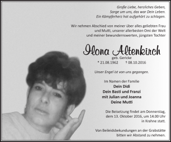 Traueranzeige von Ilona Altenkirch von Märkische Oderzeitung