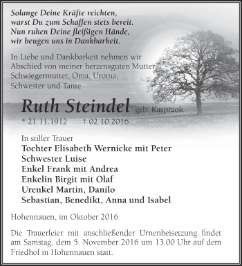 Traueranzeige von Ruth Steindel von Märkische Oderzeitung