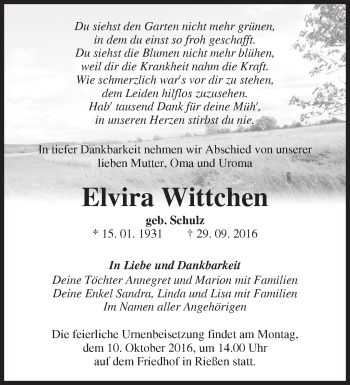 Traueranzeige von Elvira Wittchen von Märkische Oderzeitung