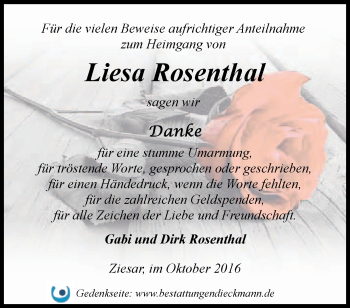 Traueranzeige von Liesa Rosenthal von Märkische Oderzeitung