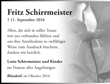 Traueranzeige von Fritz Schirrmeister von Märkische Oderzeitung