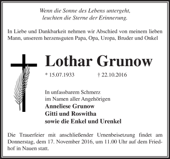 Traueranzeige von Lothar Grunow von Märkische Oderzeitung