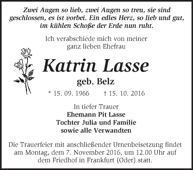  Traueranzeige für Katrin Lasse vom 22.10.2016 aus Märkische Oderzeitung