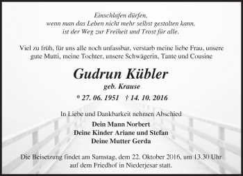 Traueranzeige von Gudrun Kühler von Märkische Oderzeitung