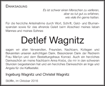 Traueranzeige von Detlef Wagnitz von Märkische Oderzeitung