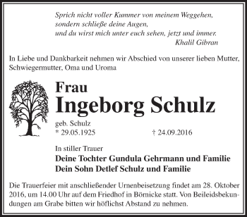 Traueranzeige von Ingeborg Schulz von Märkische Oderzeitung