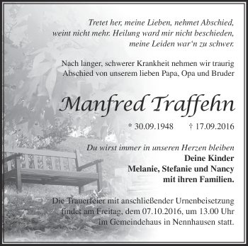 Traueranzeige von Manfred Traffehn von Märkische Oderzeitung