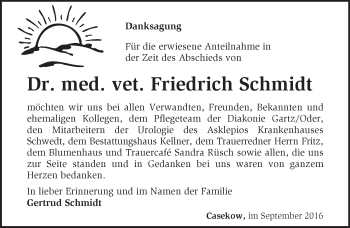 Traueranzeige von Friedrich Schmidt von Märkische Oderzeitung