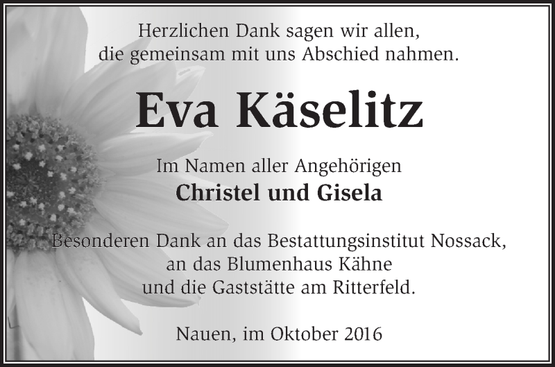  Traueranzeige für Eva Käselitz vom 09.10.2016 aus Märkische Oderzeitung