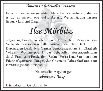 Traueranzeige von Ilse Mörbitz von Märkische Oderzeitung