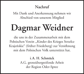 Traueranzeige von Dagmar Weidner von Märkische Oderzeitung