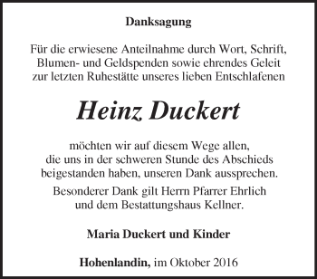 Traueranzeige von Heinz Duckert von Märkische Oderzeitung