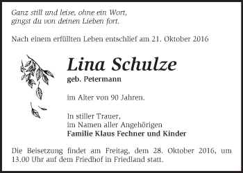 Traueranzeige von Lina Schulze von Märkische Oderzeitung