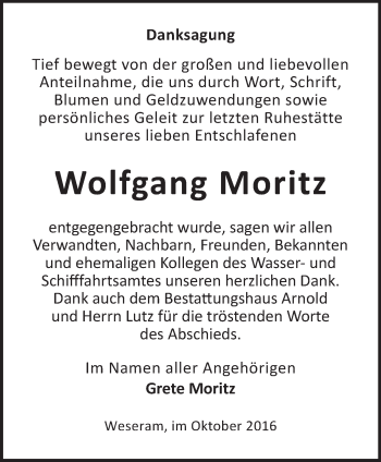 Traueranzeige von Wolfgang Moritz von Märkische Oderzeitung