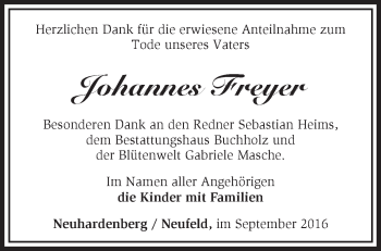 Traueranzeige von Johannes Freyer von Märkische Oderzeitung