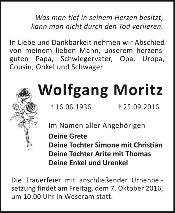 Traueranzeige von Wolfgang Moritz von Märkische Oderzeitung