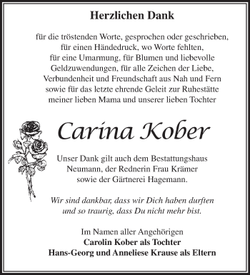 Traueranzeige von Carina Kober von Märkische Oderzeitung