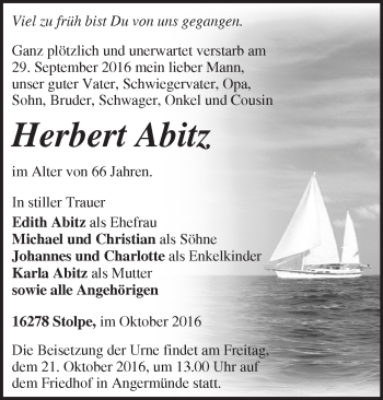 Traueranzeige von Herbert Abitz von Märkische Oderzeitung