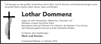 Traueranzeige von Lothar Dommenz von Märkische Oderzeitung