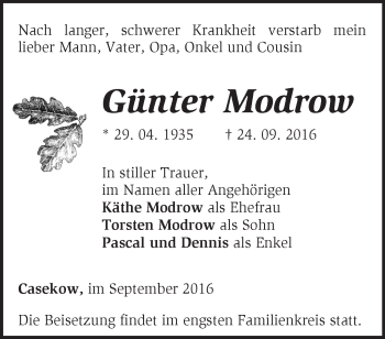 Traueranzeige von Günter Modrow von Märkische Oderzeitung