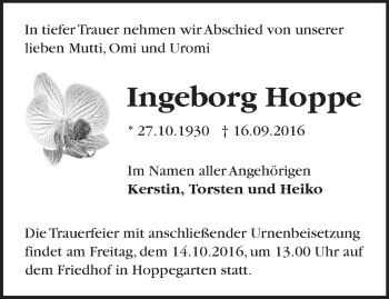 Traueranzeige von Ingeborg Hoppe von Märkische Oderzeitung