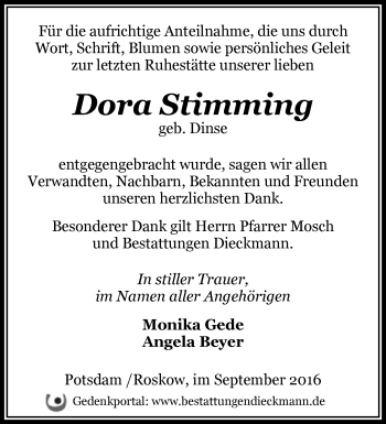 Traueranzeige von Dora Stimming von Märkische Oderzeitung