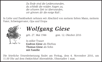 Traueranzeige von Wolfgang Giese von Märkische Oderzeitung