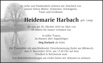 Traueranzeige von Heidemarie Harbach von Märkische Oderzeitung