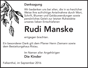 Traueranzeige von Rudi Manske von Märkische Oderzeitung