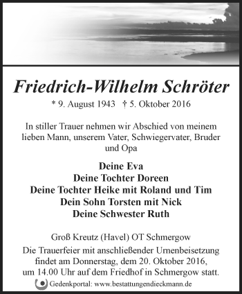 Traueranzeige von Friedrich- Wilhelm Schröter von Märkische Oderzeitung