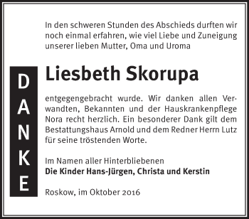 Traueranzeige von Liesbeth Skorupa von Märkische Oderzeitung