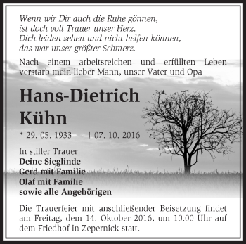 Traueranzeige von Hans-Dietrich Kühn von Märkische Oderzeitung