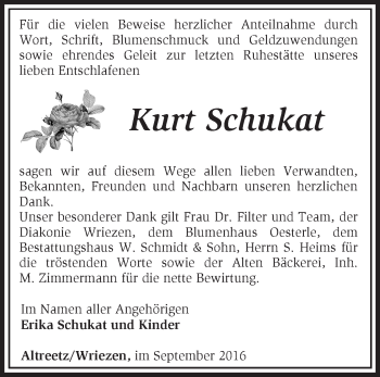 Traueranzeige von Kurt Schukat von Märkische Oderzeitung