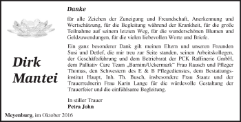 Traueranzeige von Dirk Mantei von Märkische Oderzeitung