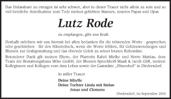 Traueranzeige von Lutz Rode von Märkische Oderzeitung