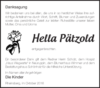 Traueranzeige von Hella Pätzold von Märkische Oderzeitung