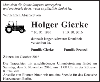 Traueranzeige von Holger Gierke von Märkische Oderzeitung