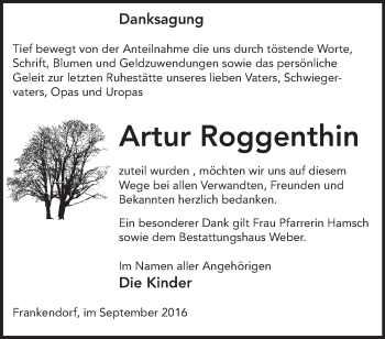 Traueranzeige von Artur Roggenthin von Märkische Oderzeitung